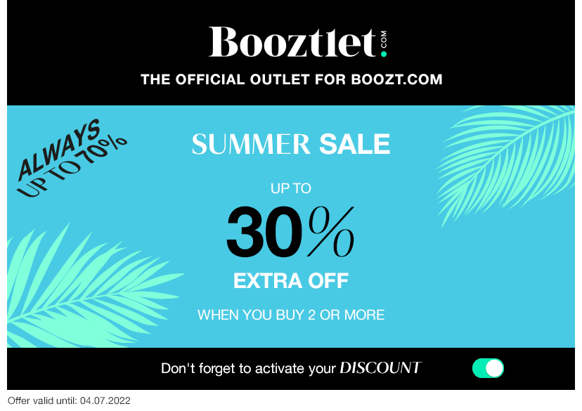 Booztlet THE OFFICIAL OUTLET FOR BOOZT.COM SUMMER SALE UPTO EXTRA OFF WHEN YOU BUY 2 OR MORE Don't forget to activate your DISCOUNT 